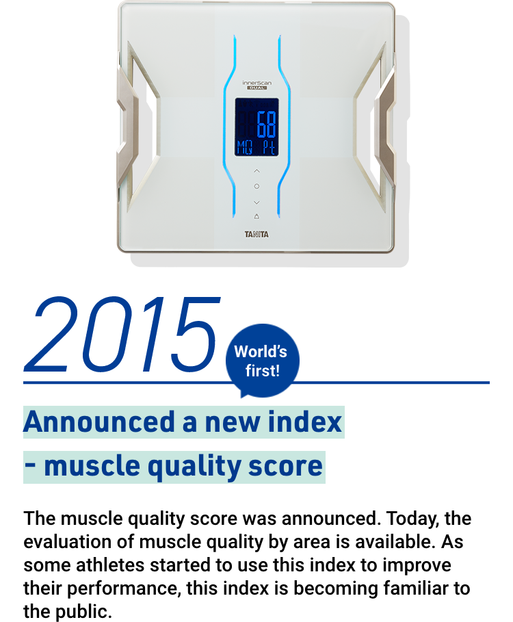2015 Special health check-up focusing on metabolic syndrome started The muscle quality score was announced. Today, the evaluation of muscle quality by area is available. As some athletes started to use this index to improve their performance, this index is becoming familiar to the public.